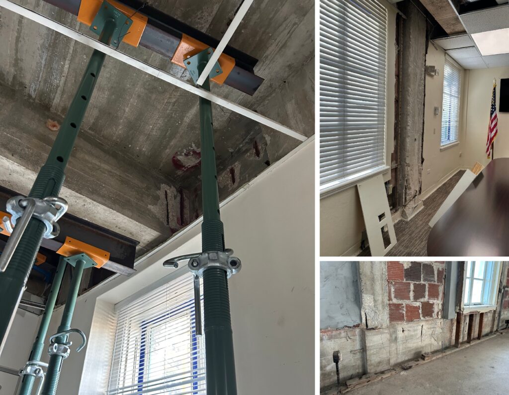 Coral Gables City Hall today. (Left) Shoring in place above the assistant city manager's desk where a piece of concrete fell through the acoustical ceiling tiles and fell on his desk last year. (Right, top) Commissioners’ office on the second floor and (right, bottom) the third floor with plaster removed.