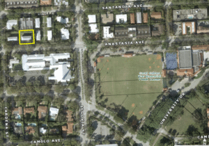 Aerial view of the two University Baptist Church-owned parcels at 627 and 635 Anastasia Avenue (outlined in yellow), directly across from Somerset Academy Gables and caddy-corner to the Coral Gables War Memorial Youth Center.