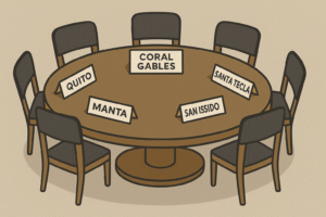 A symbolic roundtable of Coral Gables’ Sister Cities, with empty chairs for Quito and Manta reflecting Ecuador’s fading ties.
