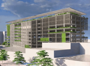 The Coral Gables Commission voted to advance the “Carved by Nature” design for the proposed Mobility Hub, shown here in a rendering as viewed from Miracle Mile.