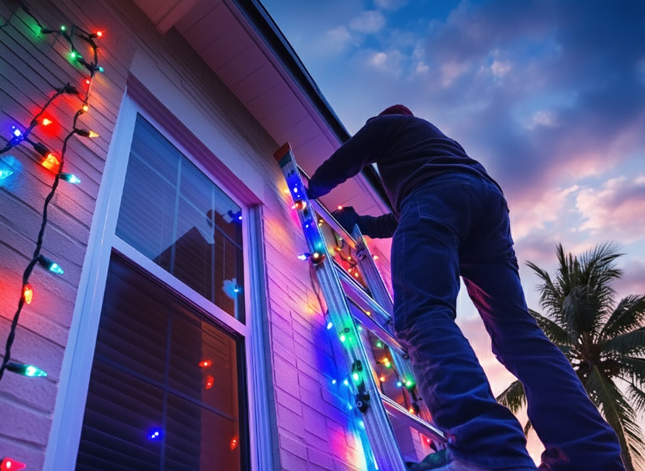 A man installs holiday lighting on his house using an extension ladder.