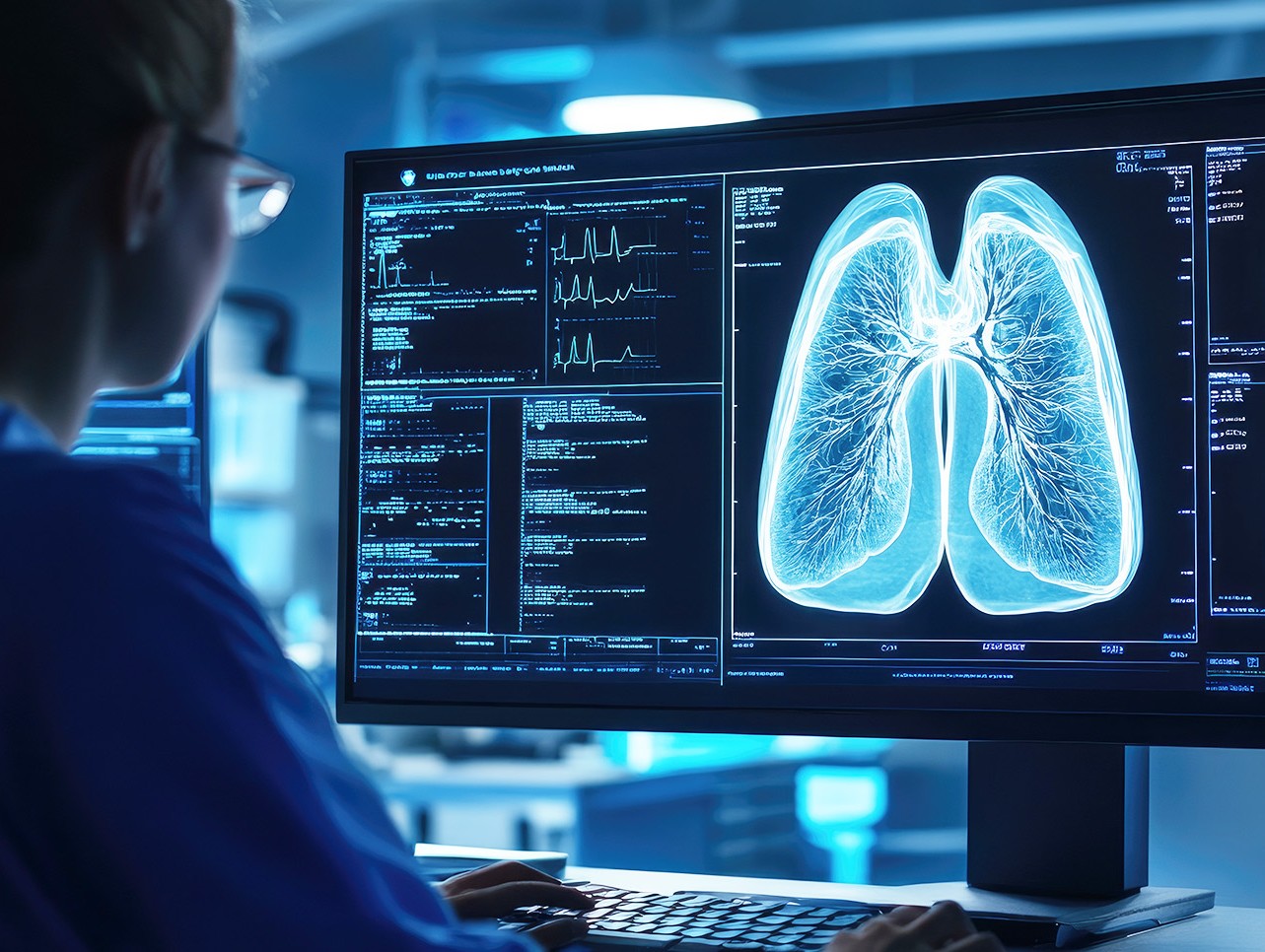 A technician looks at a lung x-ray scan.