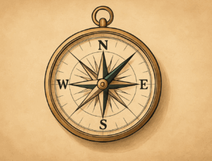 A 2D digital illustration of a stylized compass with elegant gold and blue tones. The compass is centered on a soft, parchment-toned background with horizontal layout, evoking themes of guidance, navigation, and civic direction.