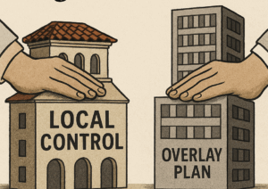 Illustration showing two hands pressing down opposing buildings — one a Mediterranean-style “Local Control” structure and the other a modern high-rise labeled “Overlay Plan” — representing the struggle between Coral Gables’ self-governance and external development pressures.