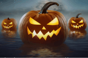 Three carved jack-o’-lanterns glowing over water at dusk, evoking the Pumpkin Float event at the Coral Gables Golf & Country Club.