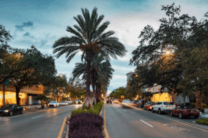 View of Miracle Mile in downtown Coral Gables at dusk, showing palm trees in the median, storefronts lit along both sides, and cars moving through the street where the city is studying a new business taxing district.
