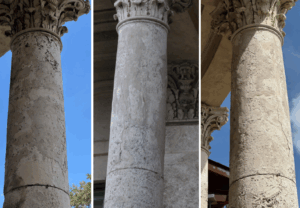 Close-up views of three weathered limestone columns at Coral Gables City Hall, each showing cracks and surface decay that highlight growing structural instability.