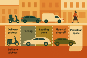 Illustrated diagram of an urban curb lane divided into sections labeled delivery pickups, parking, loading zone, ride-hail drop-off, and pedestrian space, with buildings in the background representing Coral Gables streets.