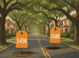A digital illustration shows a Coral Gables residential street with arching oak trees and homes in the background, featuring manholes marked with $45K and $68K price tags to symbolize projected homeowner costs for the septic-to-sewer conversion.