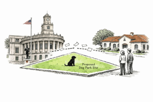 Illustration showing a proposed dog park site positioned between City Hall and nearby homes, symbolizing a disconnect between municipal decision-making and neighborhood concerns.