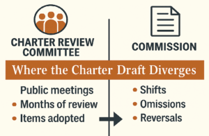 Infographic comparing the Charter Review Committee and the City Commission, showing how public-meeting CRC decisions contrast with Commission shifts, omissions, and reversals in the charter-review process.
