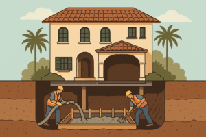 Illustration of a Mediterranean Revival house in Coral Gables with workers pouring a concrete foundation beneath it, showing construction occurring out of sequence.