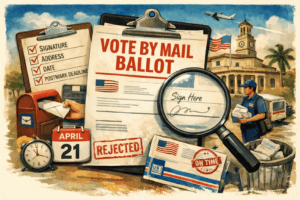 Illustration of a mail ballot marked “April 21” being carefully placed into an envelope, emphasizing the importance of correct completion and deadlines in a mail-only election.