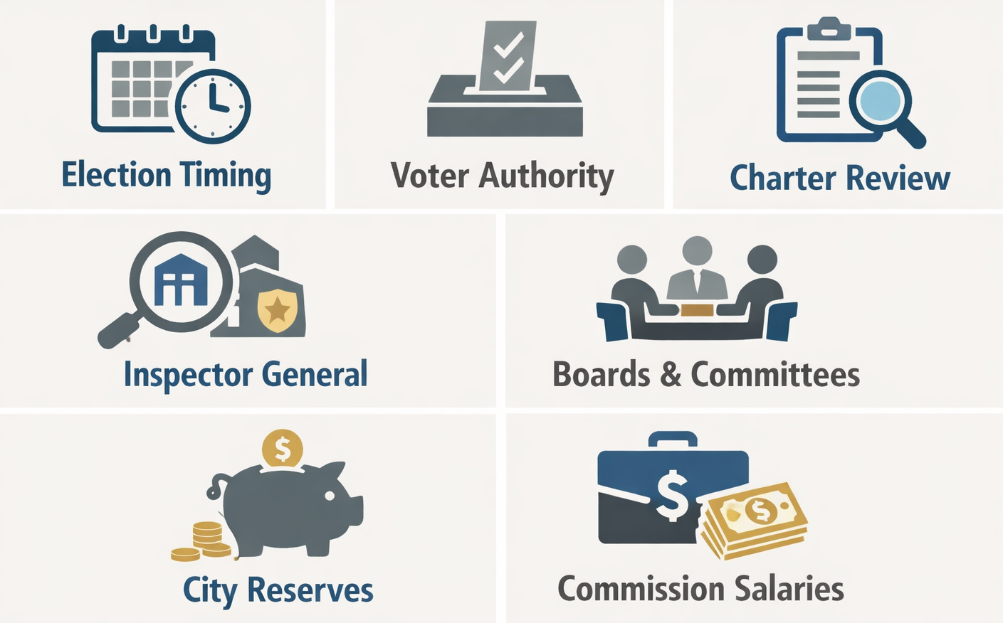Graphic summarizing seven proposed Coral Gables charter ballot questions covering election timing, voter authority, charter review, the inspector general, boards and committees, city reserves, and commission salaries.