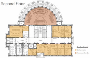 A diagram showing the proposed second-floor layout of Coral Gables City Hall with the commission chamber and offices.