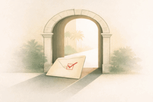 Illustration of a Mediterranean-style archway with a marked ballot envelope resting at the threshold, symbolizing civic participation and voting.