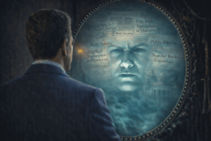 An illustration of a man standing before a mirror that reflects a face made of newspaper headlines about media scrutiny, transparency, and public outcry.