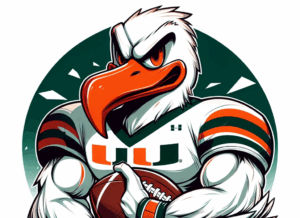 Illustration of the Miami Hurricanes’ ibis mascot holding a football, rendered in green, orange, and white.