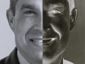 Composite image showing Mayor Vince Lago’s headshot split between a normal photograph and an inverted version.