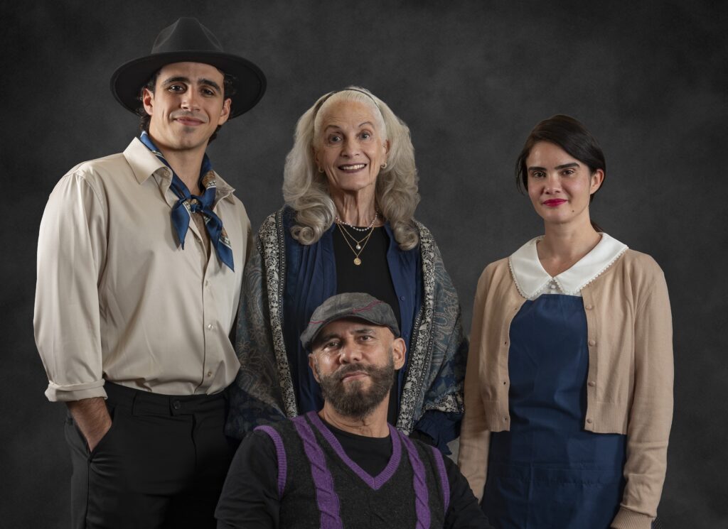 Cast portrait from GableStage’s production of Sotto Voce, featuring four performers posed against a dark studio backdrop.