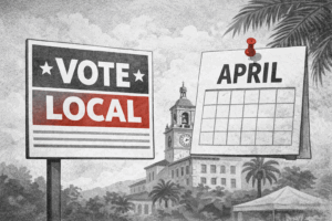 Illustration of a muted cityscape with a “Vote Local” sign and a calendar marked April, set against a simplified rendering of Coral Gables City Hall, symbolizing the debate over local election timing.
