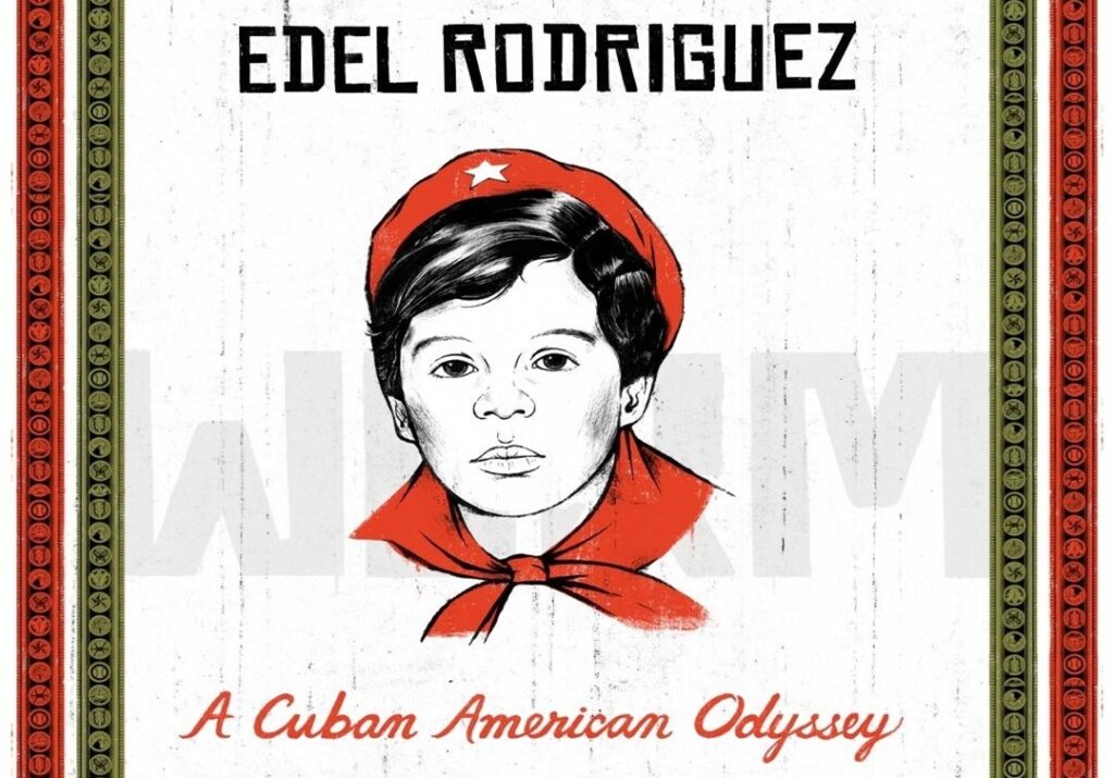An illustrated portrait of a child wearing a red scarf and cap from Edel Rodriguez’s graphic memoir Worm, used to promote the page-to-stage performance event.