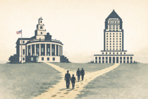 Conceptual illustration of Coral Gables City Hall and the Miami-Dade County Courthouse connected by a path, representing the shift from civic debate to judicial resolution.