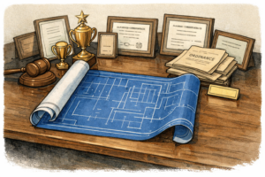 A partially unrolled blue architectural blueprint lies open on a wooden table surrounded by gold trophies, a wooden gavel, framed certificates, a stack of ordinance documents, and a blank nameplate, leaving the blueprint unable to lie flat.