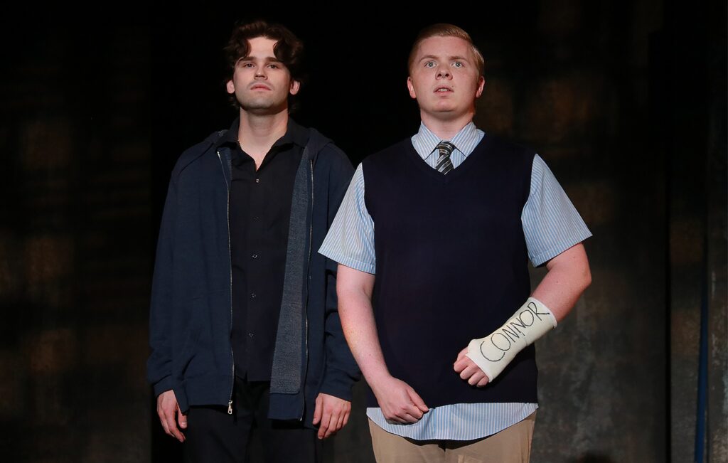 Gianni Palmarini (Connor Murphy) and Logan Clinger (Evan Hansen) in “Dear Evan Hansen” at Actors’ Playhouse at the Miracle Theatre. (Photo by Alberto Romeu.)