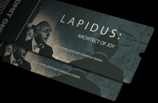 Artwork for the documentary Lapidus: Architect of Joy featuring a portrait of architect Morris Lapidus over architectural drawings.