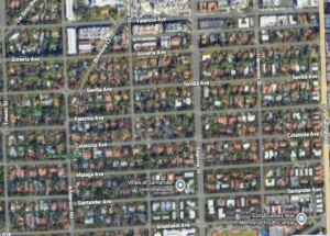 Aerial map of a residential neighborhood west of LeJeune Road in Coral Gables, showing mostly single-family homes with streets labeled including Sevilla Avenue, Valencia Avenue and Anastasia Avenue.