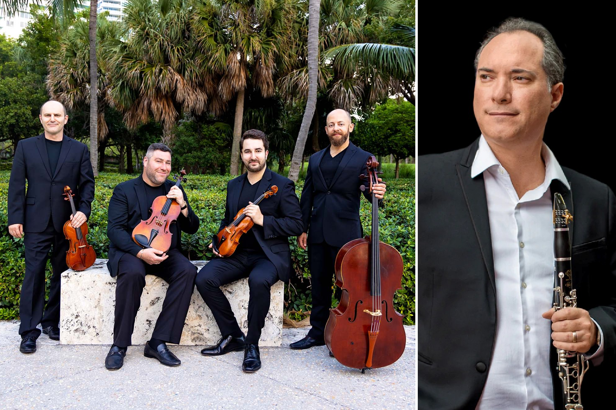 Members of the Amernet String Quartet pose with their instruments outdoors while clarinetist Guy Yehuda appears in a separate portrait holding his clarinet; the musicians will perform together in Coral Gables as part of the Amernet and Friends chamber music series.