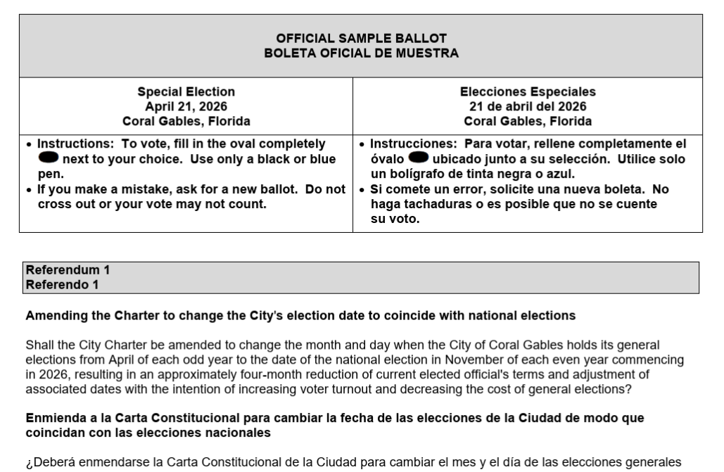Official sample ballot for the Coral Gables Special Election of April 21, 2026, printed in English and Spanish, showing voting instructions and the first referendum question regarding amending the city charter to change the municipal election date.