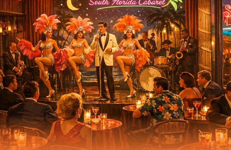 romotional illustration depicting a retro South Florida cabaret scene. A male singer in a white tuxedo jacket performs at a standing microphone, flanked by four showgirls in gold sequined costumes with large feathered headdresses in pink and orange. A jazz band plays in the background beneath a painted tropical mural showing palm trees, a crescent moon, and ocean. Candlelit tables with an audience in evening wear fill the foreground. A neon sign reading "South Florida Cabaret" glows above the stage.