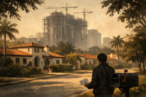An editorial illustration showing a residential street lined with Mediterranean-style homes with terracotta tile rooftops and white stucco walls, framed by palm trees and tropical foliage. In the right foreground, a figure seen from behind holds an envelope and stands at a metal mailbox with its flag raised. In the background, a large high-rise building under construction with multiple cranes rises above the neighborhood roofline against a hazy warm sky. The overall palette is muted gold, ochre, and brown, conveying a mood of quiet unease.