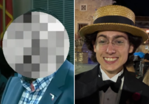 A split image. On the left, a pixelated screenshot of an unidentifiable figure in a blue blazer, as displayed during a Coral Gables City Commission meeting. On the right, a young man in a straw boater hat and tuxedo shirt smiling at an outdoor evening event.