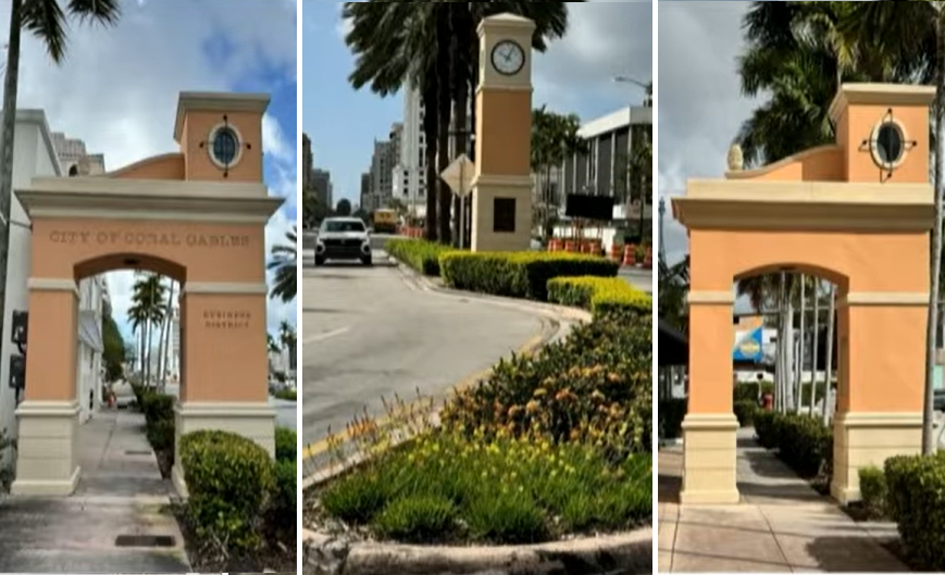 A three-panel image showing the entrance to the Coral Gables Business District. At left and right, a coral-colored gateway arch bearing the words "City of Coral Gables Business District" with a decorative oval window at the top. In the center, a landscaped median with flowering yellow and green plants leads toward a clock tower, with palm trees, traffic, and commercial buildings visible in the background.