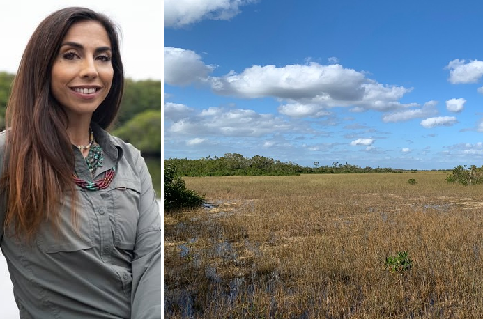 A split image. On the left, a portrait of Jessica Namath, a woman with long dark hair wearing a gray utility shirt and a turquoise and red beaded necklace, smiling outdoors with green foliage in the background. On the right, a wide-open Everglades landscape showing a sawgrass prairie reflecting shallow water under a bright blue sky with scattered white clouds and a treeline in the distance.