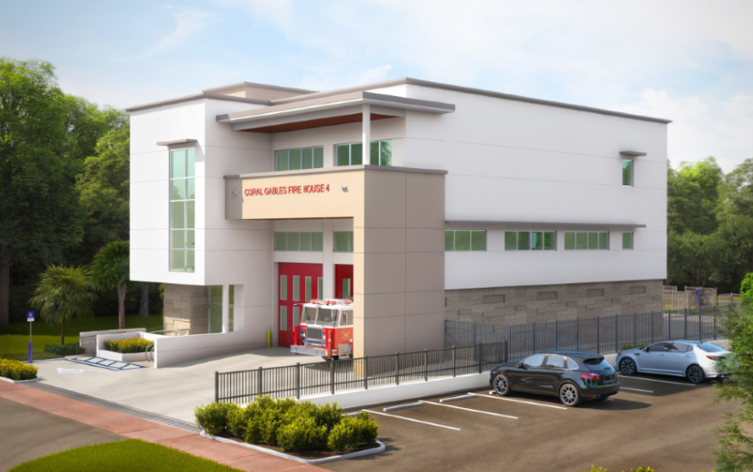 Architectural rendering of a modern two-story fire station with red bay doors and a fire engine inside, representing Coral Gables Fire House 4.