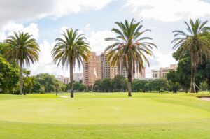 A well-maintained golf green with a white flagstick at the center, surrounded by tall royal palm trees and broad-canopied tropical trees under a partly cloudy sky. Several mid-rise and high-rise residential buildings are visible in the background, framing the urban setting of the Granada Golf Course in Coral Gables, Florida.
