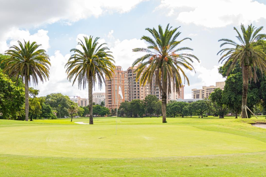 A well-maintained golf green with a white flagstick at the center, surrounded by tall royal palm trees and broad-canopied tropical trees under a partly cloudy sky. Several mid-rise and high-rise residential buildings are visible in the background, framing the urban setting of the Granada Golf Course in Coral Gables, Florida.