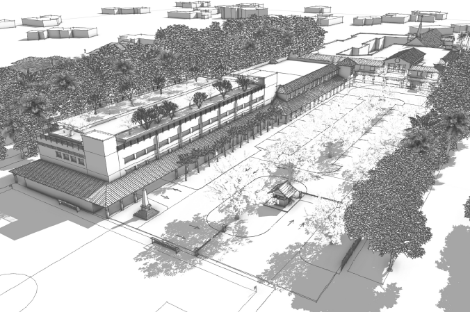A black-and-white architectural rendering showing an aerial perspective of the proposed St. Thomas Episcopal Parish Church and School campus master plan in Coral Gables. At left, a two-story building with a flat roof planted with trees represents the proposed parking structure. A long covered walkway runs along the central spine of the campus connecting the parking structure to buildings at right. Open courtyard and playground areas are visible in the foreground, with dense tree canopy surrounding the campus perimeter.