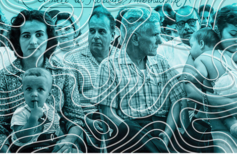 A promotional image for the University of Miami event "Unsettled Futures," featuring a vintage photograph treated with a teal duotone overlay. The photograph shows a group of adults and young children seated closely together, their expressions ranging from watchful to pensive. Flowing abstract line graphics are overlaid across the image, suggesting movement or migration. Faint text is partially visible at the top of the image.