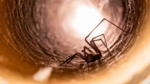 A spider silhouetted against a glowing light at the center of a tunnel-shaped web, photographed from below in close-up.