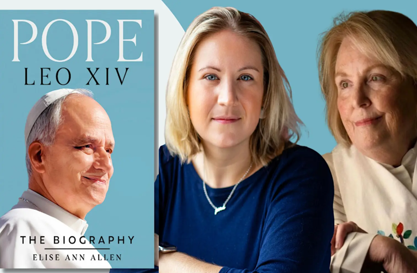 Book cover of Pope Leo XIV: The Biography next to portraits of author Elise Ann Allen and Pastor Laurie Hafner.