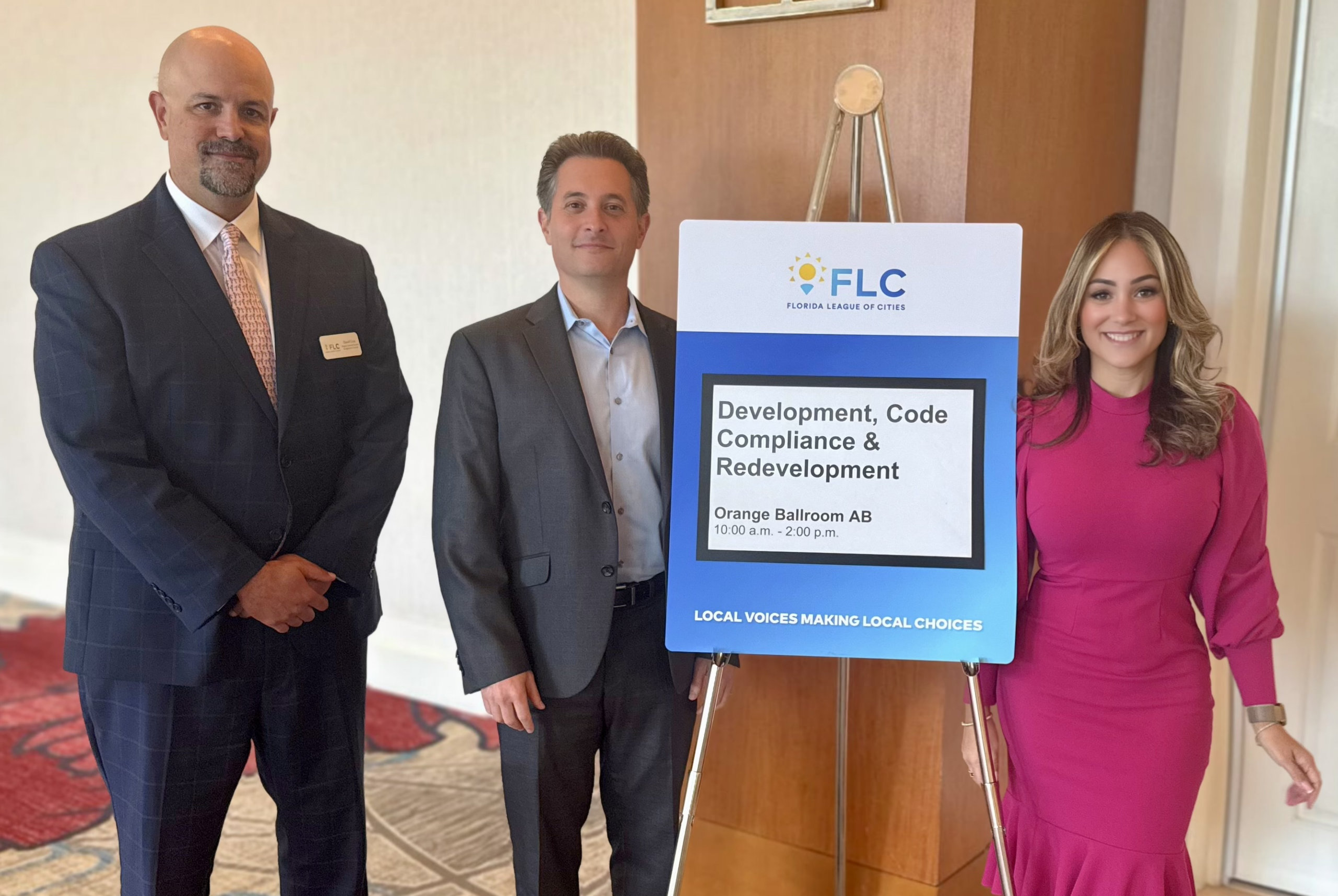 Commissioner Melissa Castro poses with Deputy General Counsel at Florida League of Cities David Cruz (far left) and Mayor of Bay Harbor Islands Joshua D. Fuller at a recent conference in Orlando. Fuller is chair of the League’s Development, Code Compliance, and Redevelopment Committee and Castro its vice chair.