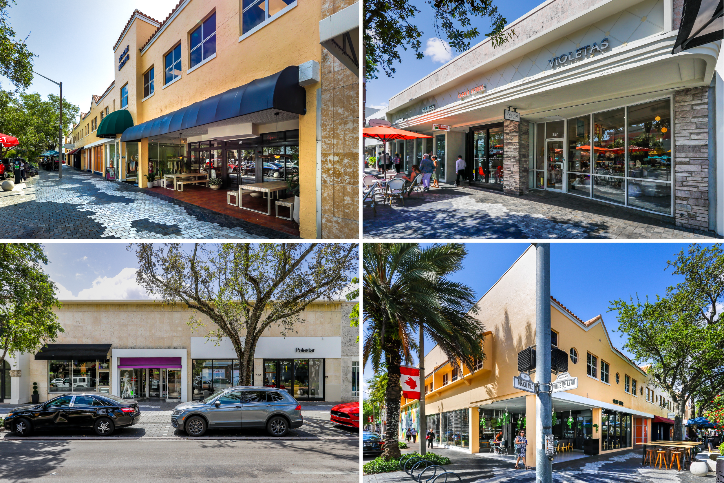 A four-image collage of commercial properties along Coral Gables' Miracle Mile and surrounding streets. Top left: A row of ground-floor retail storefronts with awnings along a pedestrian-friendly street lined with mature trees and decorative paving. Top right: A modern retail strip featuring the Moletas restaurant at 257, with outdoor dining under red umbrellas and pedestrians on the sidewalk. Bottom left: A contemporary single-story commercial building with a Polestar showroom and an adjacent storefront with a purple awning, framed by a large shade tree and parked cars along the street. Bottom right: The intersection of Miracle Mile and Ponce de León Boulevard, featuring a yellow Mediterranean-style commercial building with outdoor café seating, palm trees, and a Canadian flag visible on an upper-floor balcony.