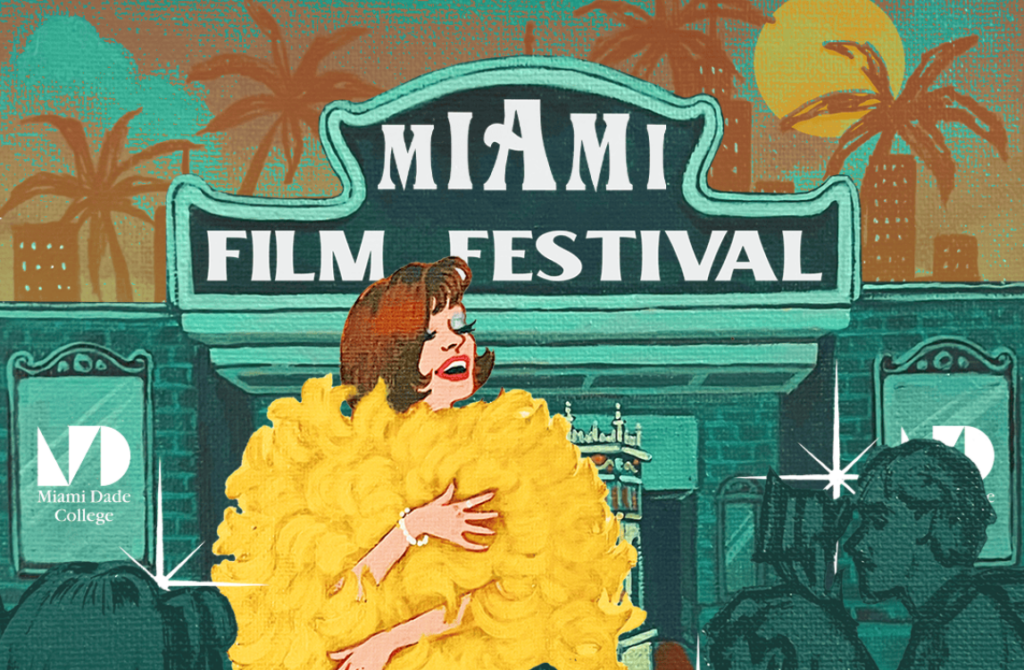 Illustrated promotional poster for the Miami Film Festival, presented by Miami Dade College. A stylized, retro-inspired illustration shows a glamorous woman in a voluminous yellow feathered gown standing before a movie theater marquee reading "Miami Film Festival" in teal and white lettering. Palm trees and a golden sun are visible in the background against a teal sky. Silhouetted audience members are visible in the foreground. The Miami Dade College logo appears on the left side of the image.