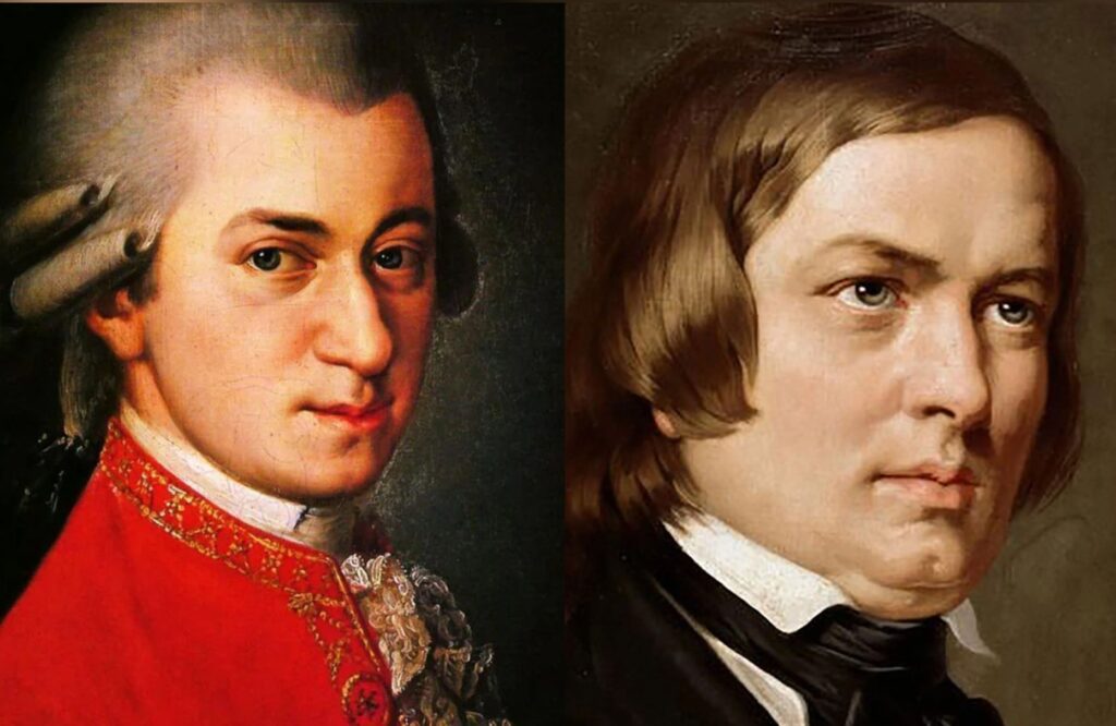 Two painted portraits of composers Wolfgang Amadeus Mozart and Robert Schumann shown side by side.
