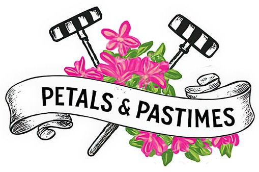 Illustration reading “Petals & Pastimes” with croquet mallets and pink flowers.